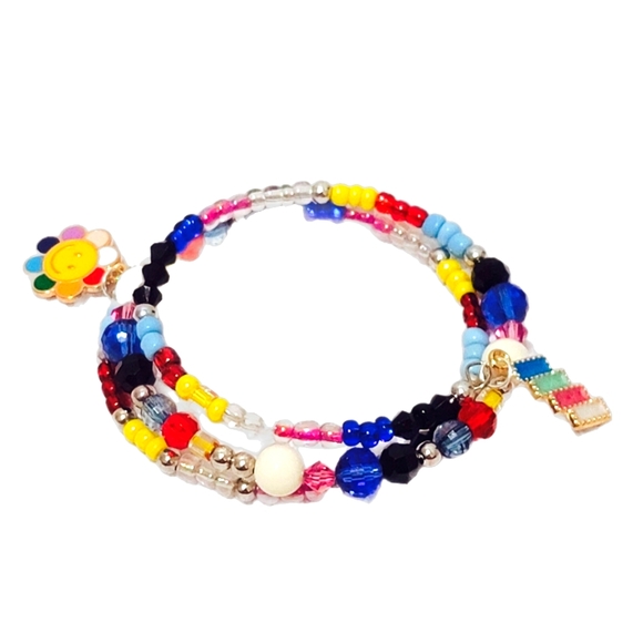 Fun Vibrant Multicolored Whimsical Beaded Wrap Bracelet Rainbow Smiley Face - Picture 7 of 7